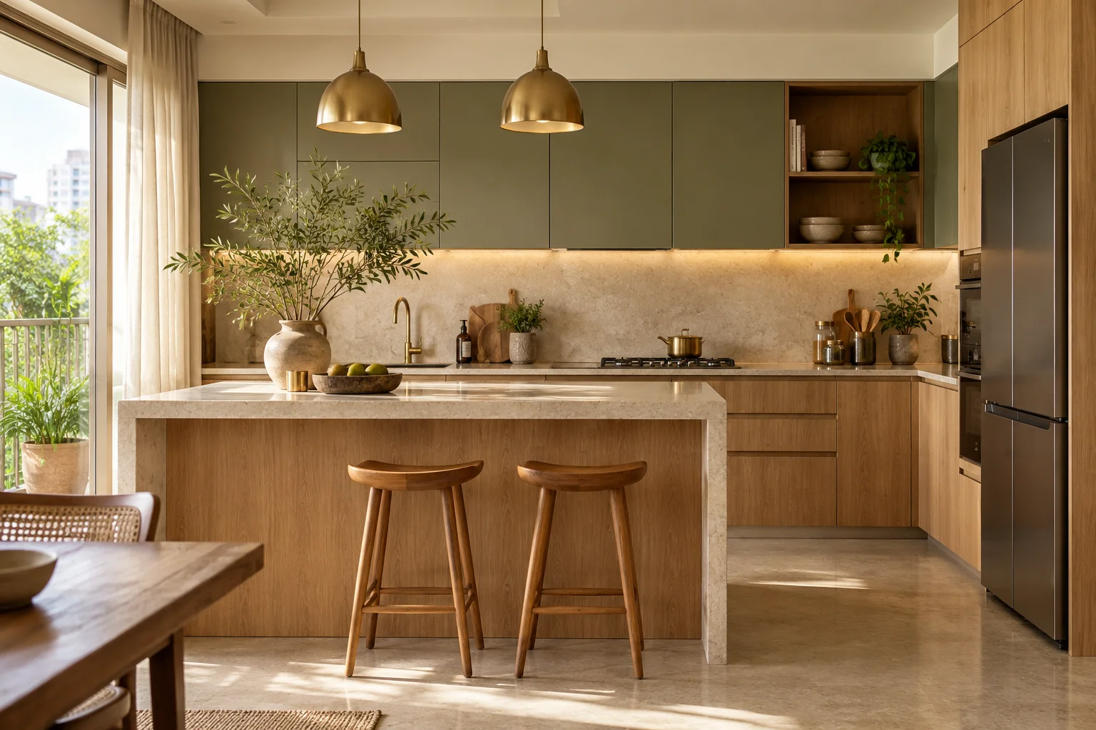 Illustrative oak kitchen and stone breakfast counter
