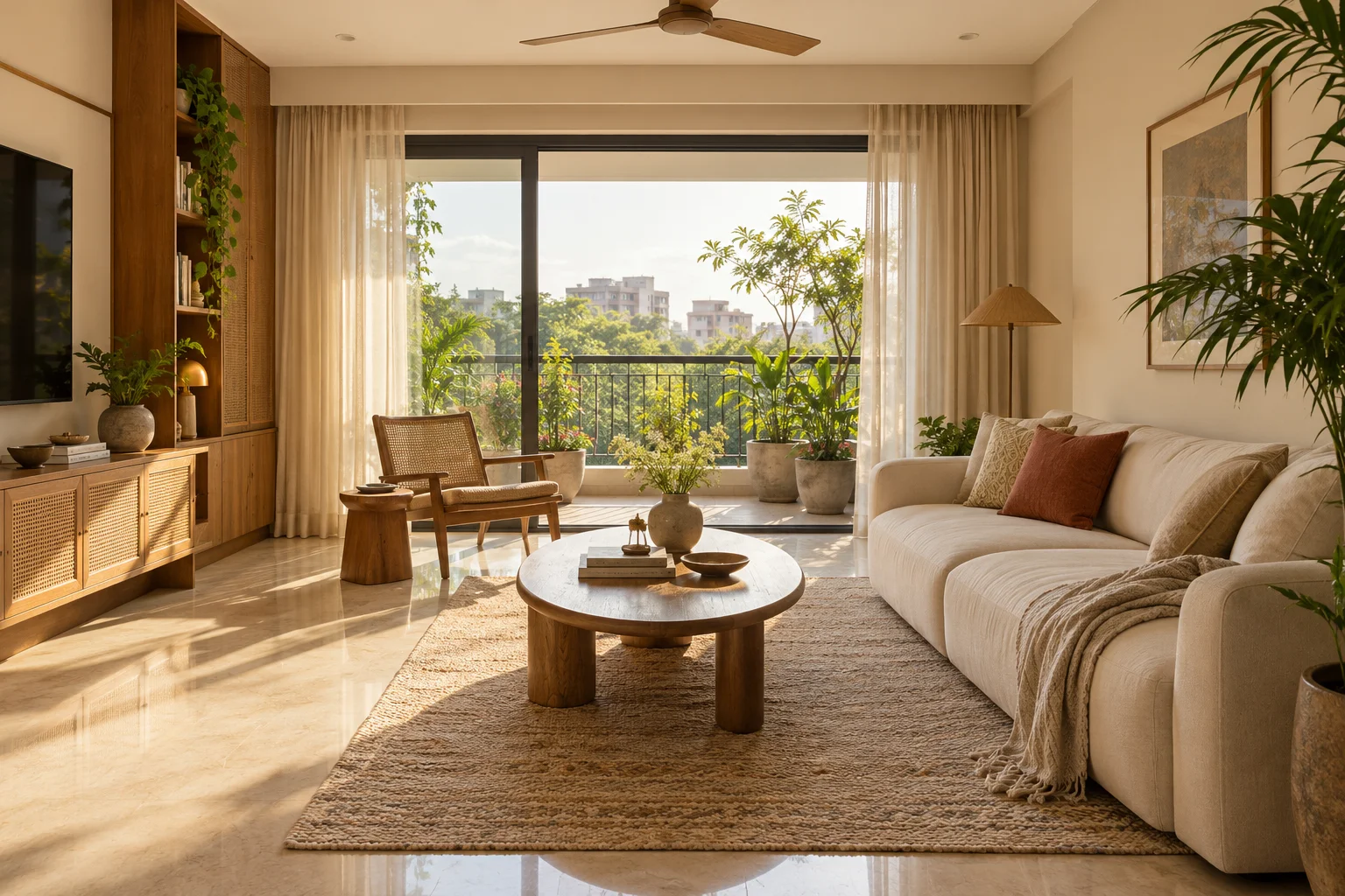 Illustrative sunlit living room with cream seating and oak joinery