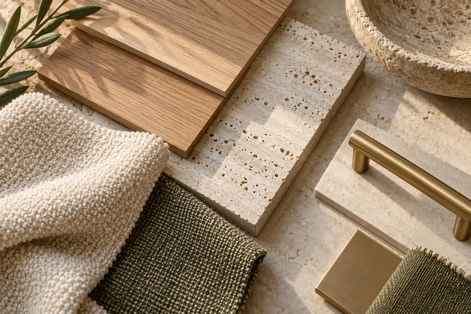 Illustrative oak, stone, fabric and brass material samples