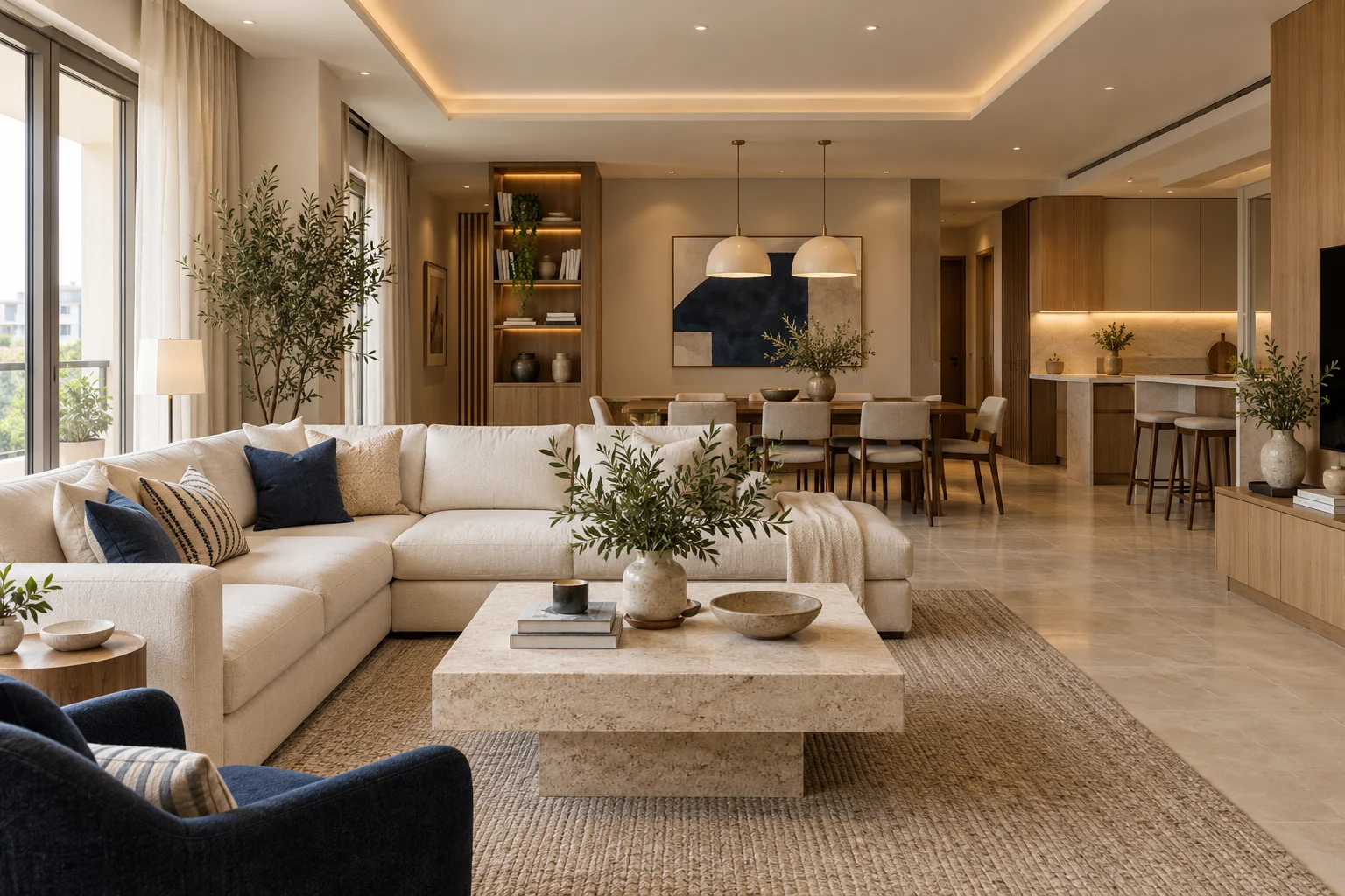 Illustrative coordinated living, dining and kitchen interiors in cream, oak and stone