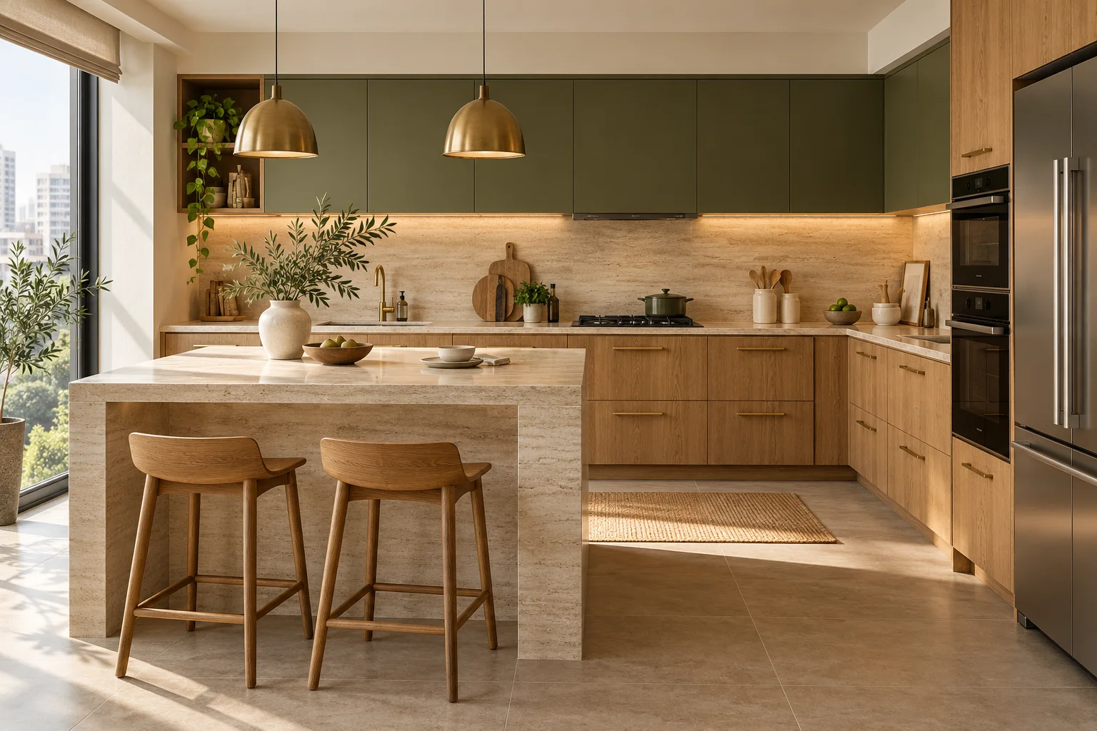 Illustrative modular kitchen with olive cabinets, oak drawers and a stone breakfast island