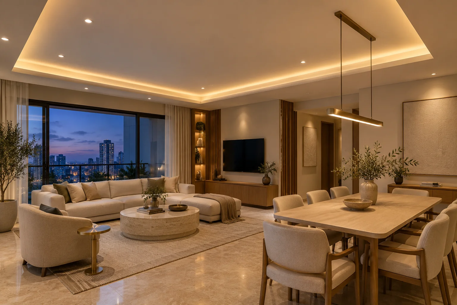 Illustrative false ceiling with warm cove lighting, recessed downlights and a dining pendant at dusk