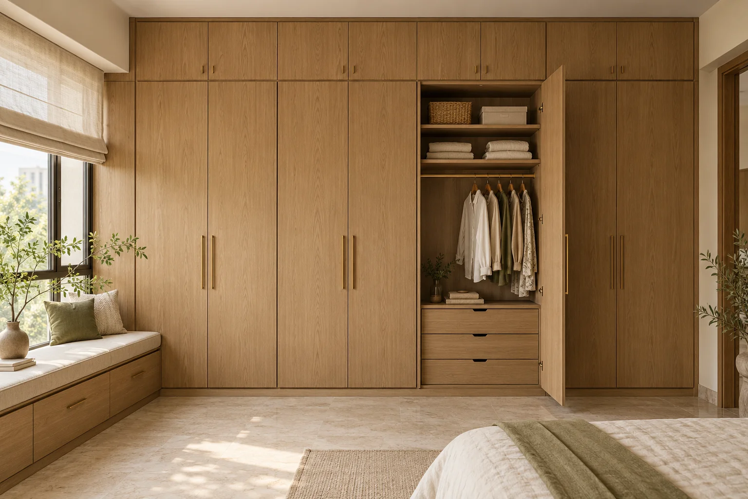 Illustrative fitted oak wardrobes with loft storage, open shelving and a window-seat drawer unit